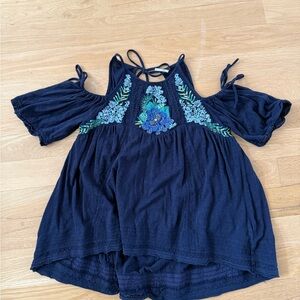 Free People Navy off the Shoulder Tunic with Floral Embroidery